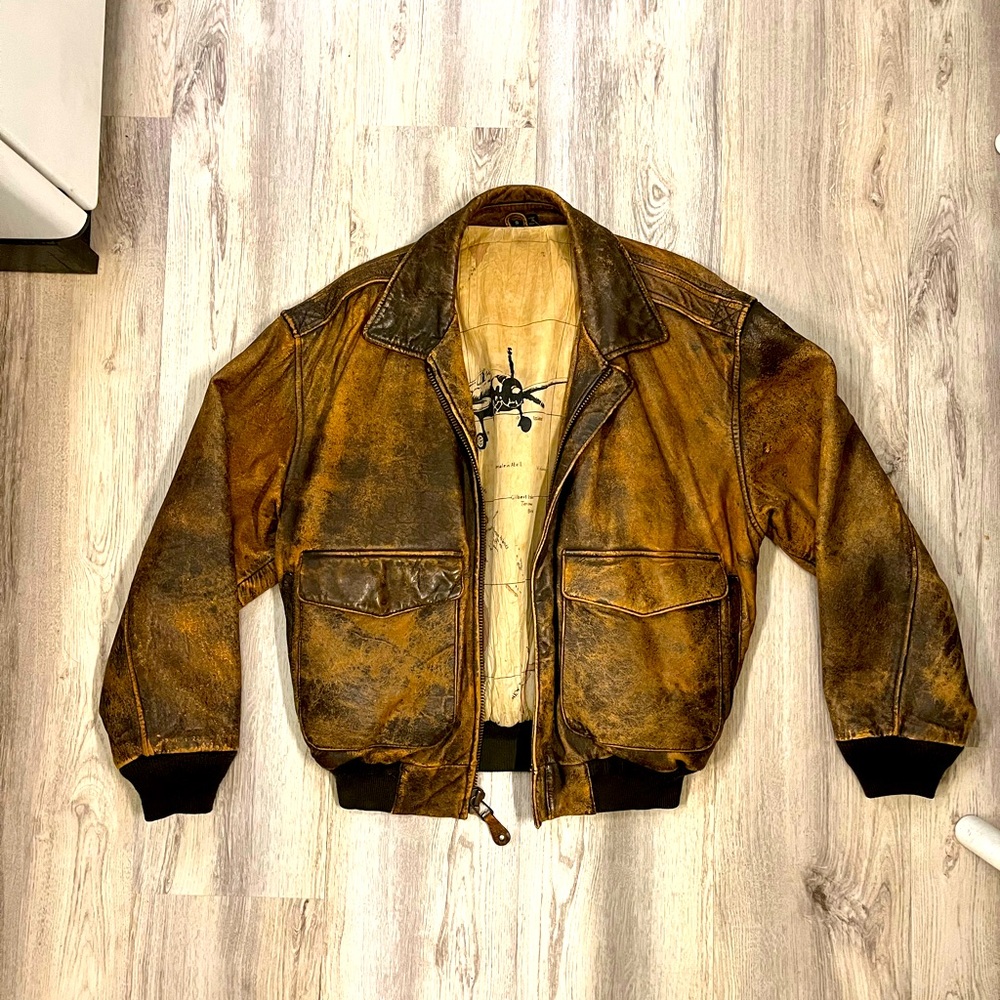 Distress leather bomber jacket